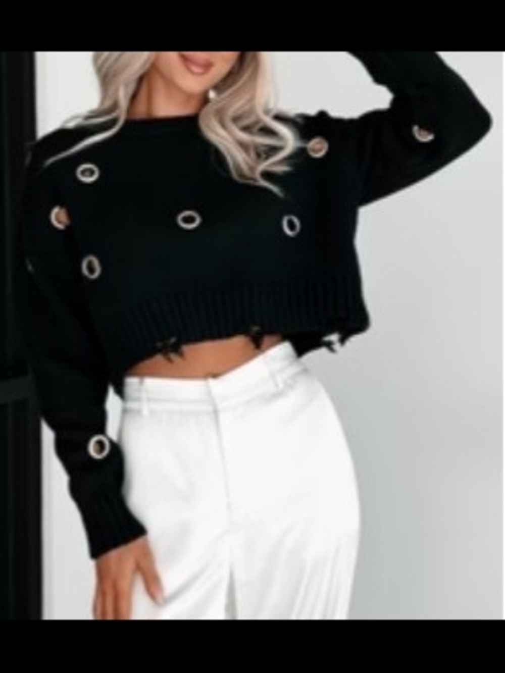 Black Cropped Eyelet Accent Sweater Top - Women